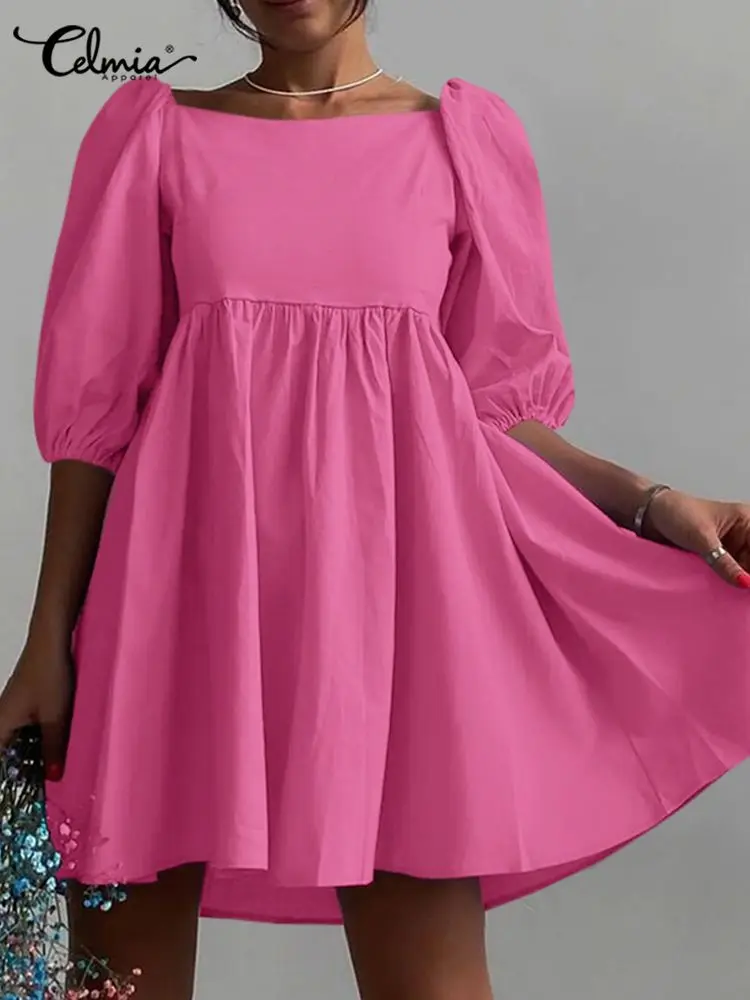 

Summer Leisure Streetwear Dress Celmia Women Elegant Dress 2022 Fashion Square Collar Mini Sundress Sexy Puff Sleeve Short Robes