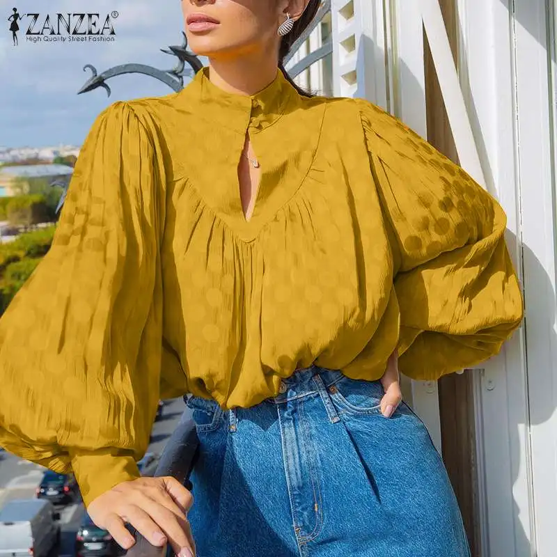 

Elegant OL Work Tops Chemise Blusas ZANZEA Women Long Lantern Sleeve Holiday Blouse Vintage Spring Polka Dot Printed Satin Shirt