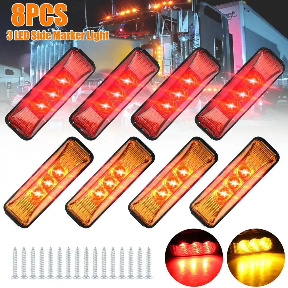 

8pcs Highlight 3led Side Marker Clearance Light Sealed Waterproof Car Signal Sign Lamp Compatible For Trailer Truck Rv Mk-197