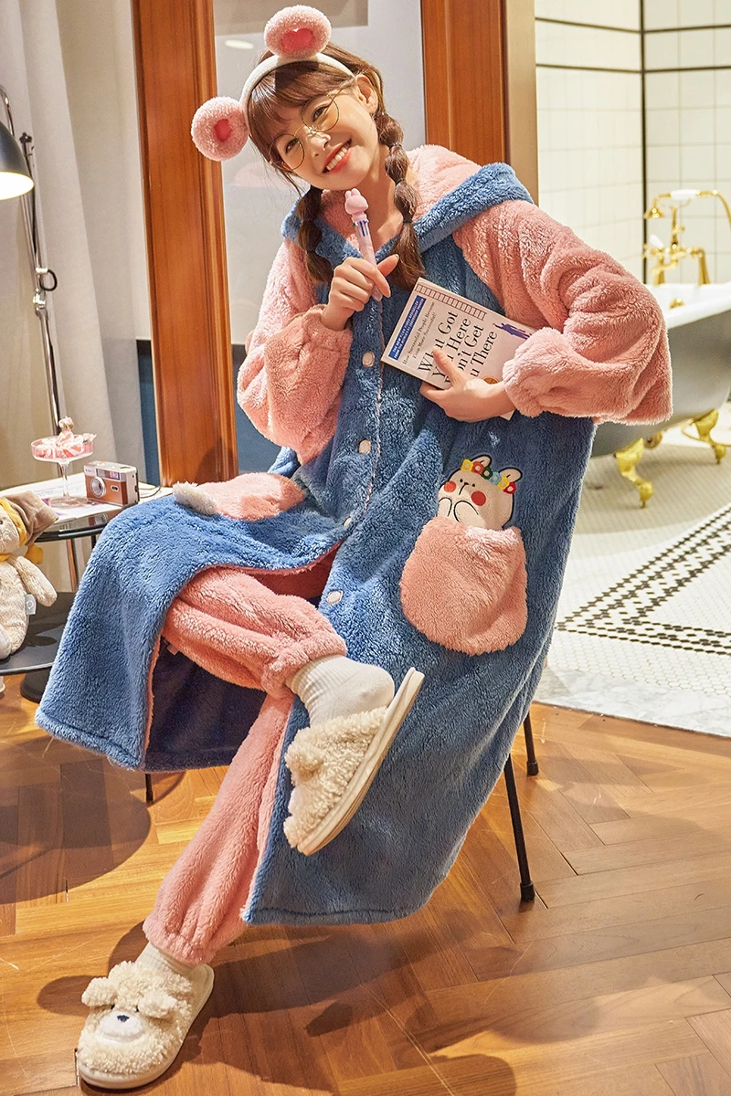 Winter Pajamas Fashion Women Sleepwear Plush Robe Thermal Pantsuit Plus Size Home Wear Add Fleece and Thicken Nightgown