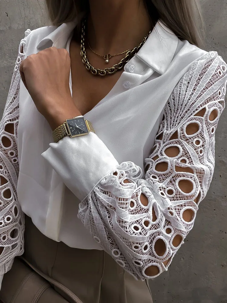 

Autumn Women Hollow Out Blouse Black Vintage Button Up Shirts Top Long Sleeve Mesh Design Tops White Sexy Lace