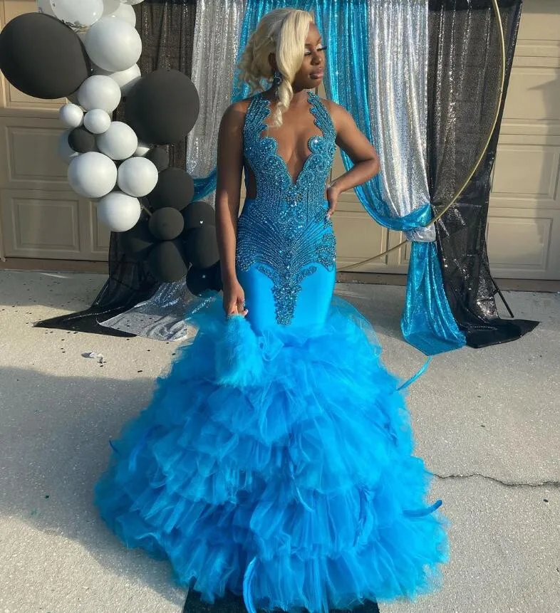 

Женское длинное вечернее платье-русалка, синее черное платье для выпускного вечера из тюля с блестящими стразами и оборками, праздничное платье на день рождения