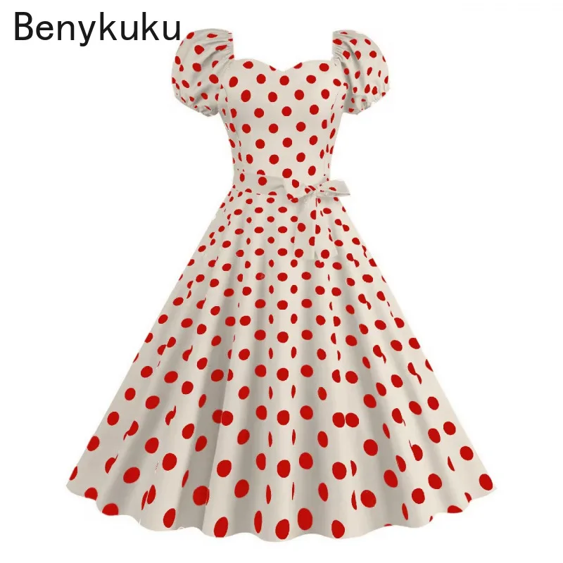 Летнее платье в красный горошек стиле ретро Одри Хепберн винтажная распашная