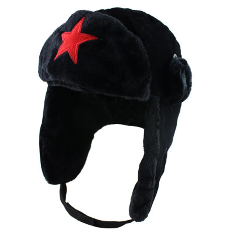 

Soviet Army Military Badge Russia Ushanka Bomber Hats Pilot Trapper Aviator Cap Winter Faux Rabbit Fur Earflap Snow Caps hat