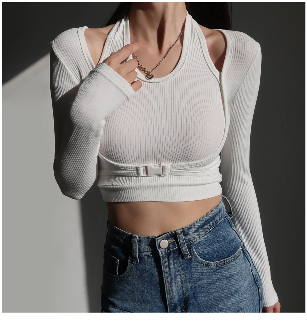 

FAKE 2 Pieces Set Women Sexy Tops Kintted Long Sleeve Crop Top T Shirt Halter Woman Tshirts Black White Elastic Slim Tees