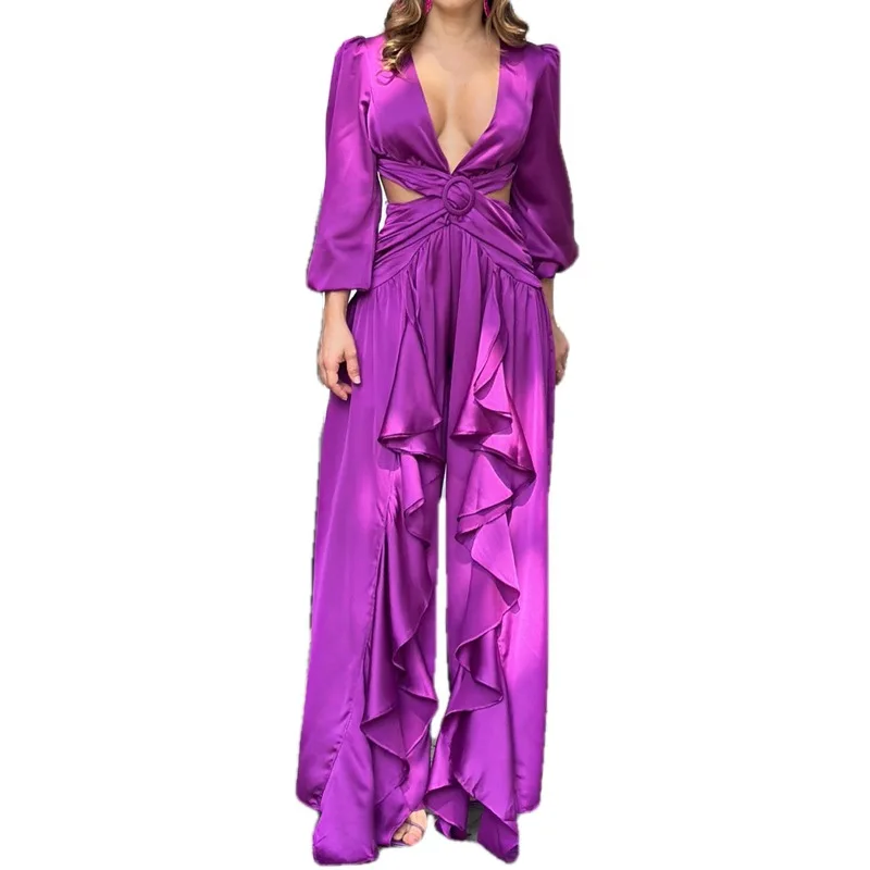 Women's V-neck Hollowed-out Three-quarter Sleeve Waistband Jumpsuit Professional Spring And Summer Purple Fashion Women's Dress