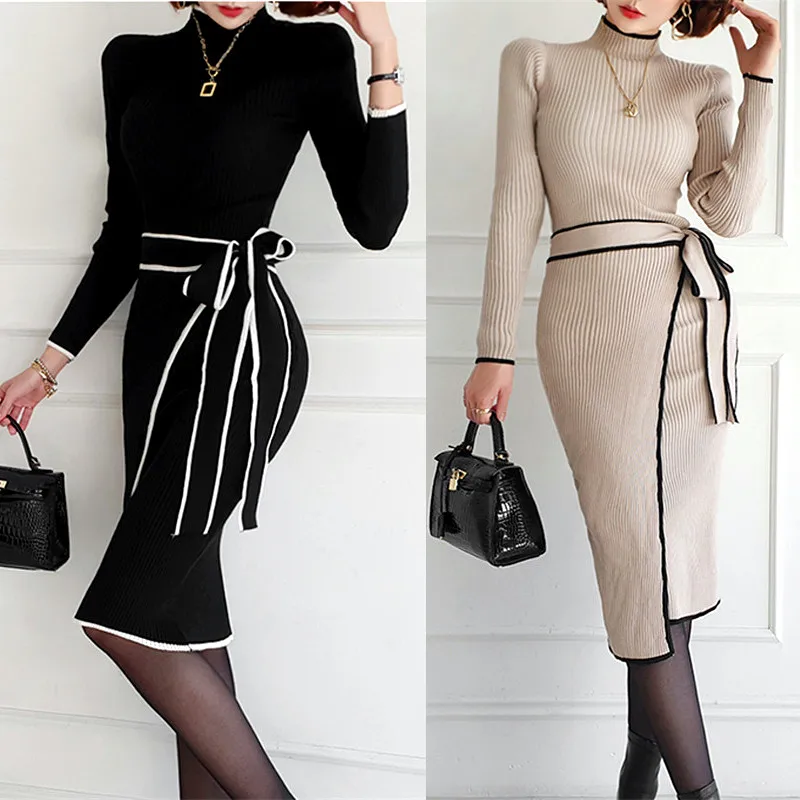 

With Sashes Elegant Winter Autumn Dress Women Knit Dresses Stand Neck Sweaters Cut Vestidoes Black Slim Lady Party Dresses NS03