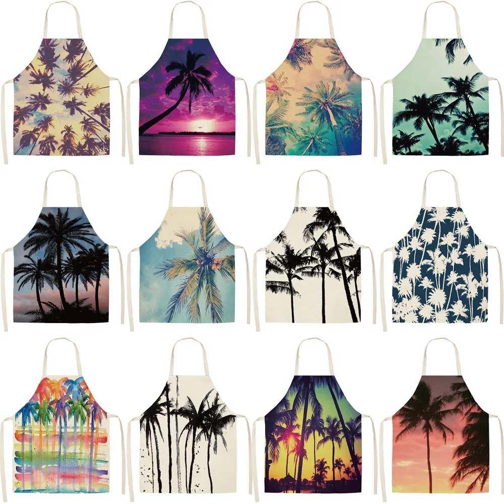 

1 Pcs Coconut Tree Plant Printed Cotton Linen Apron Bibs for Women Barbecue Cooking Baking Kitchen Cleaning Aprons 38x47cm