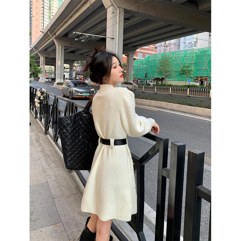 Винтажное вязаное мини-платье с поясом женская уличная одежда свободный свитер