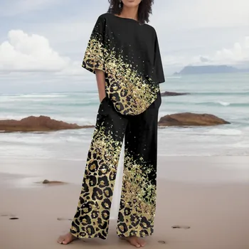 Summer Women Leopard Print Streetwear Loose Sets Round Neck Short Sleeve Top & Wide Leg Pants Suits Causal Elegant Office Sets 1