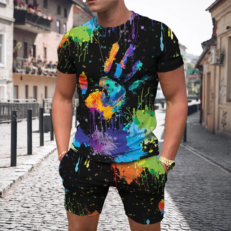 

Newest Summer Men's Funny Doodle T-Shirt Set Fashion Tracksuit Outfit Trend 3D Printed Beach Shorts Round Neck Harajuku Clothes