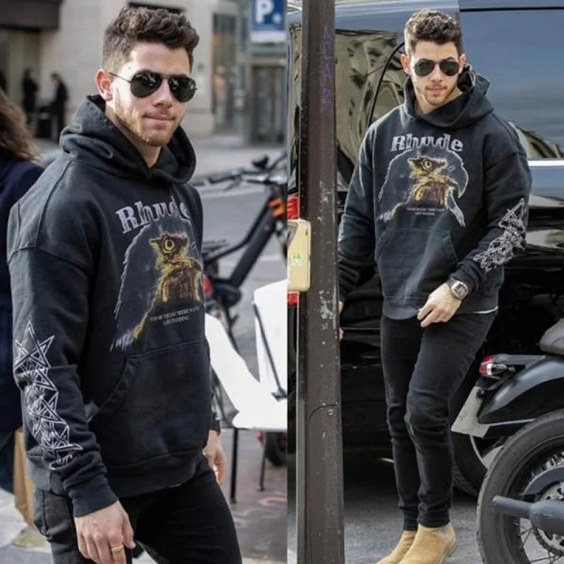 

New Water Washed Retro Owl Print Rhude Hoodies Men Women EU Size 100% Cotton Rhude Sweatshirt Fashion Autumn Winter