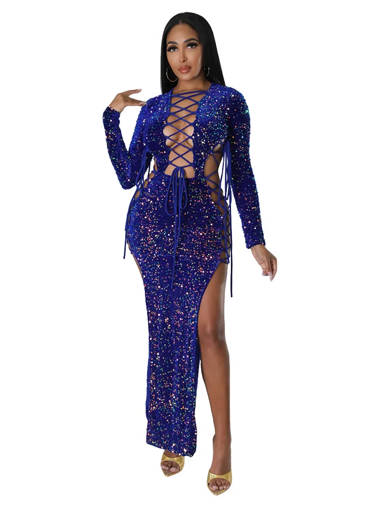 

Sexy Sequin Bandage Long Slit Dress Hollow Out Backless Nightclub Outfits Wedding Evening Gowns Birthday Party Clubwear Dresses