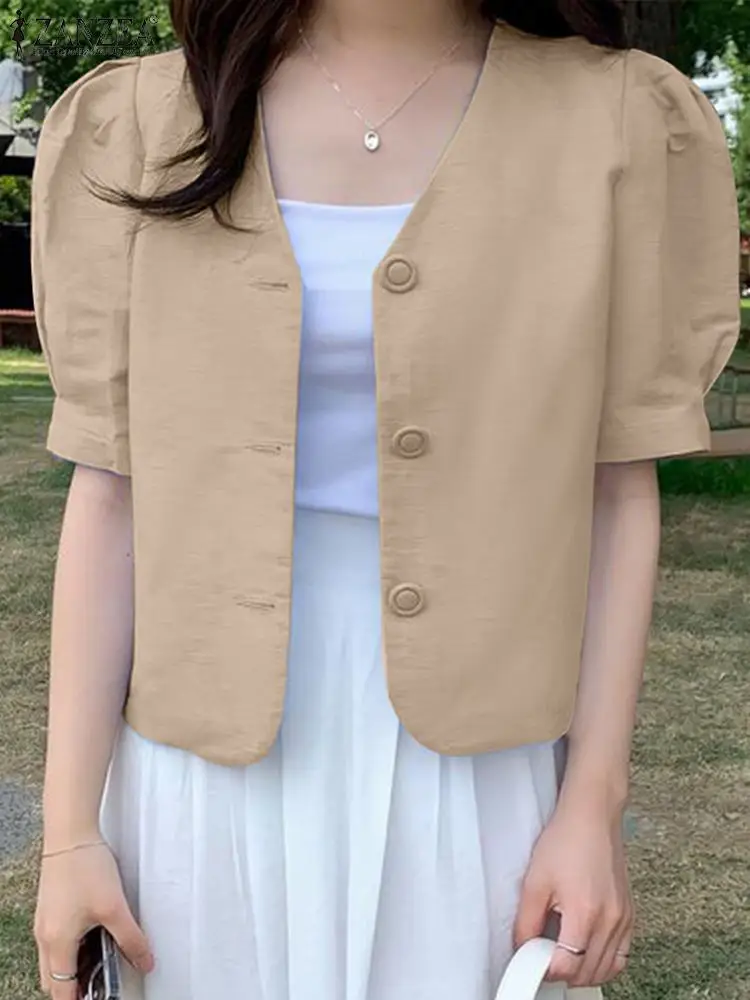 

2023 ZANZEA Fashion Summer Blouse Women Elegant V Neck Short Sleeve Tops Casual Solid Holiday Blusas Chemise Female Work Shirt