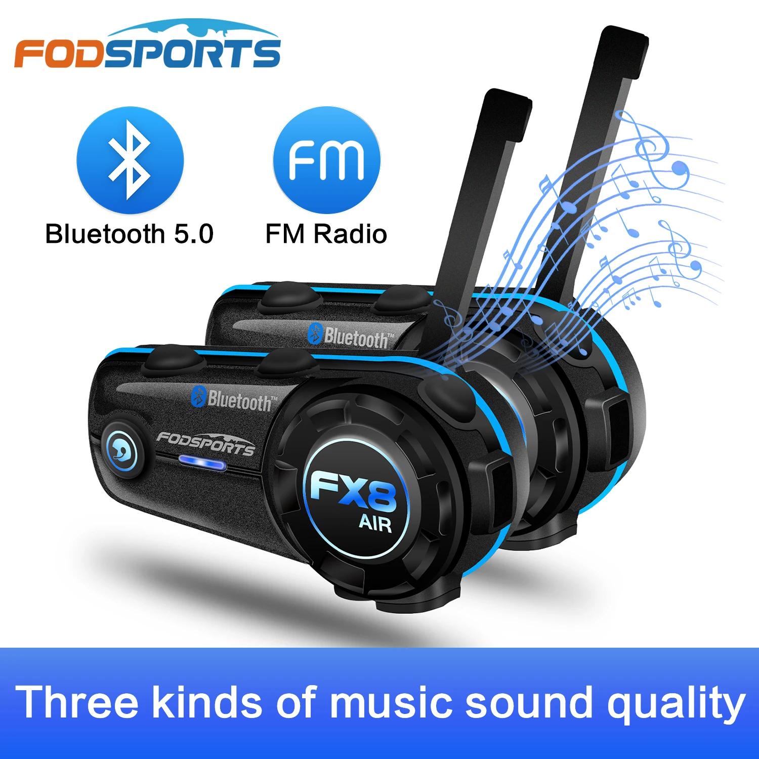 Fodsports FX8 Air BT 5.0 Интерком для мотоцикла на 2 человека 1000М наушник для шлема Сильный сигнал Интеркомуникадор Бас-средние-высокие включены.