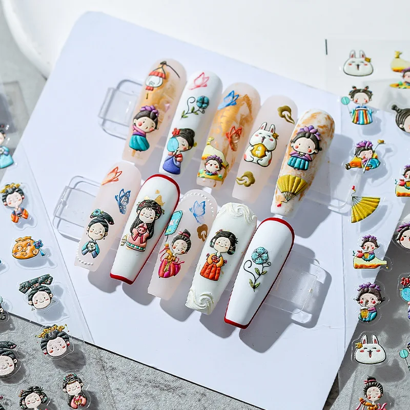 

Chinese Aantique Girl Soft Reliefs 3d Nail Decoration Stickers Back Glue Nails Art Decals for Women Party Manicure Design Tips