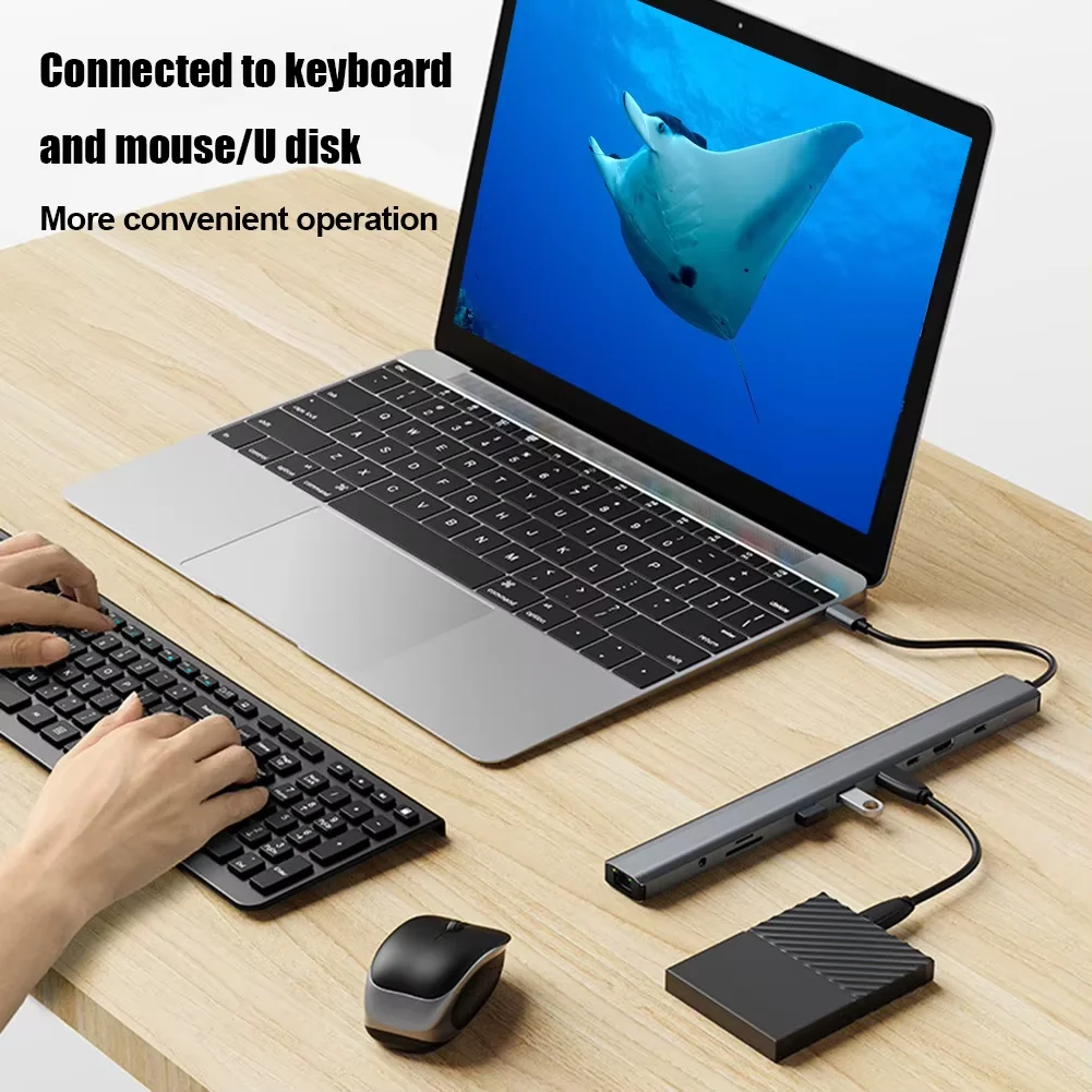 Фото Многофункциональный USB-хаб KEBIDUMEI 10-в-1 Type-C: USB 3.0 (5 Гбит/с), 4K 30 Гц HDTV, RJ45 (100 Мбит/с), док-станция USB-C, слоты SD/TF, зарядка 100 Вт, подставка для ноутбука №4