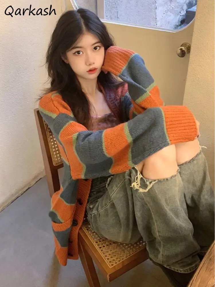 

Женский кардиган в полоску Ulzzang Chic, повседневный трикотажный свитер свободного покроя с длинным рукавом, осенняя одежда в стиле Харадзюку