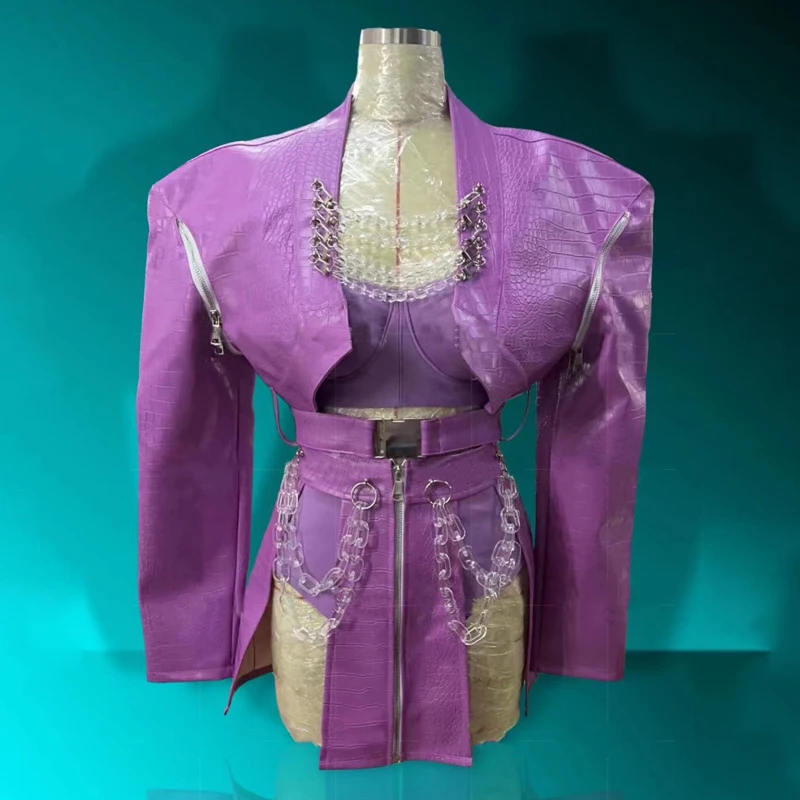 

Женская пикантная Одежда для танцев на шесте, одежда для ночного клуба, костюмы Dj Ds Gogo, одежда для сцены, рейва, в стиле панк, фиолетовая Кожаная куртка, юбка