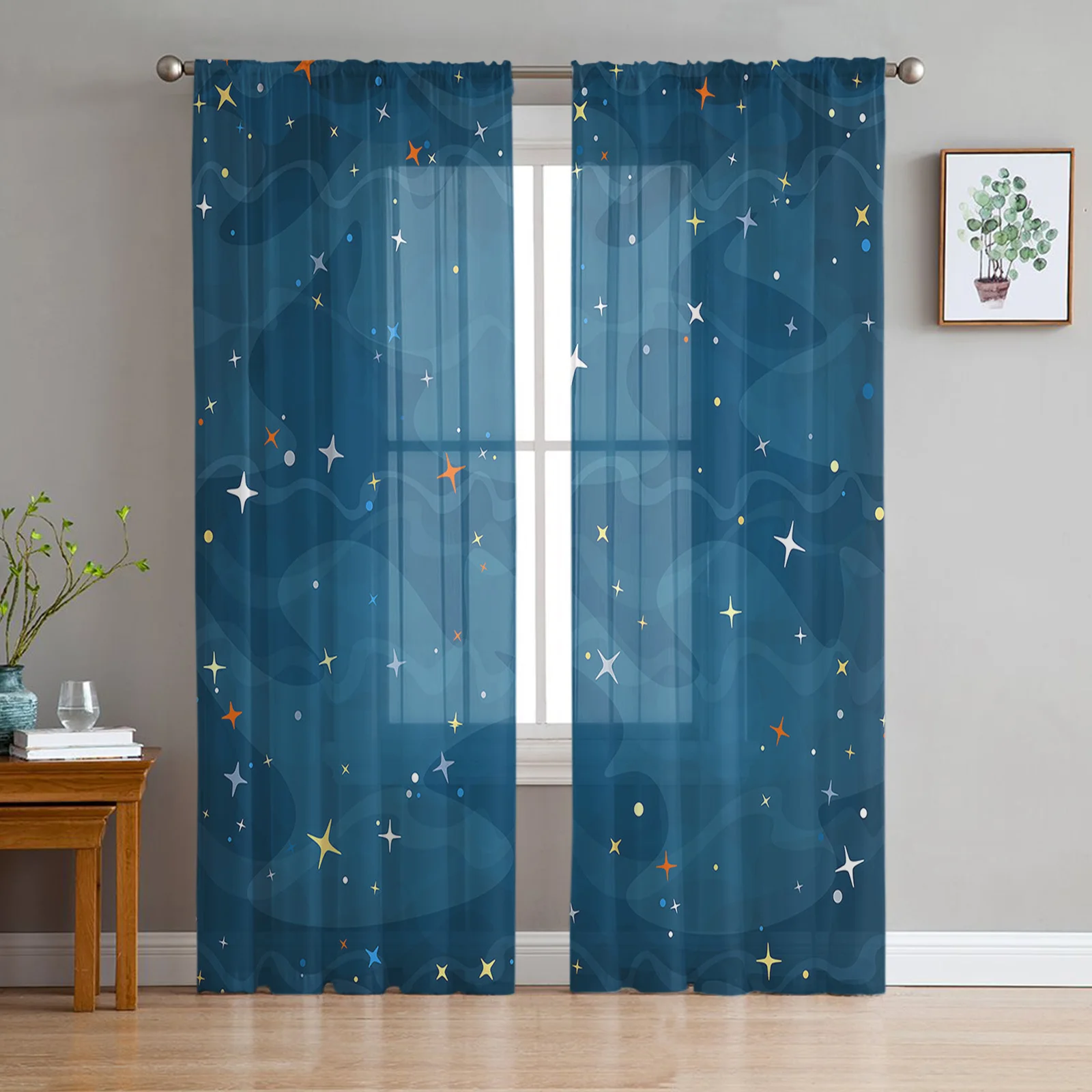 

Blue Ocean Stars Tulle Curtains for Bedroom Balcony Home Decor Sheer Curtain for Kitchen Living Room Windows Printed Drapes