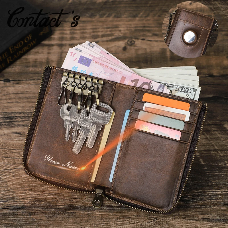 

Genuine Leather Men Key Wallet RFID Casual Male Small Slim Bifold Wallets Chain Card Holder Zipper Coin Purse Luxury Money Bag