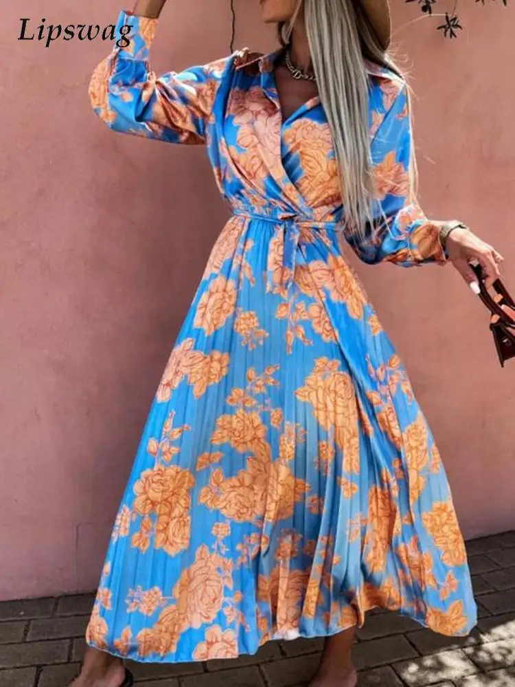 

Fashion Women Lace-up High Waist Long Dress Spring Elegant Turn-down Collar Party Dresses Office Ladies Casual Long Sleeve Dress