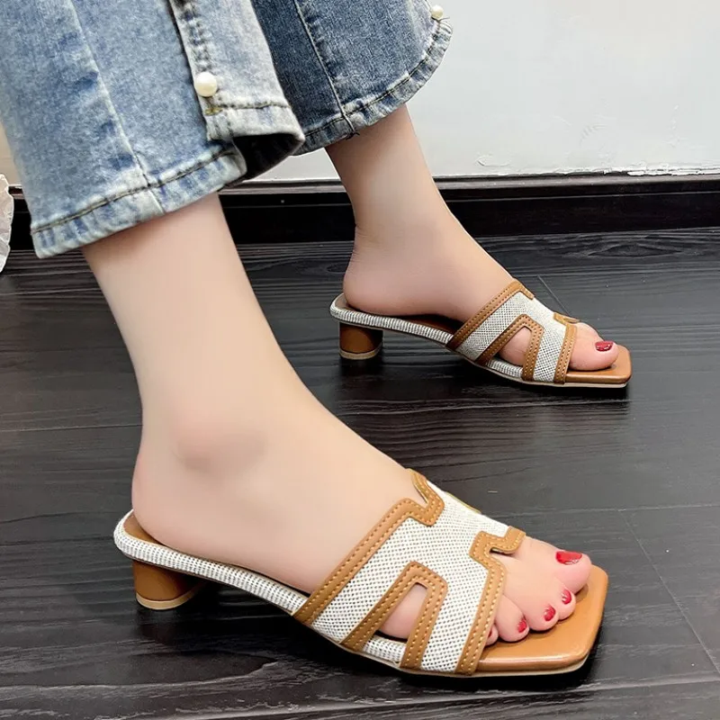 

Summer Open Toe Mid Heels Shoes Women Slippers Fashion Party Flip Flops 2023 New Brand Sandals Pumps Shoes Femme Slides Zapatos