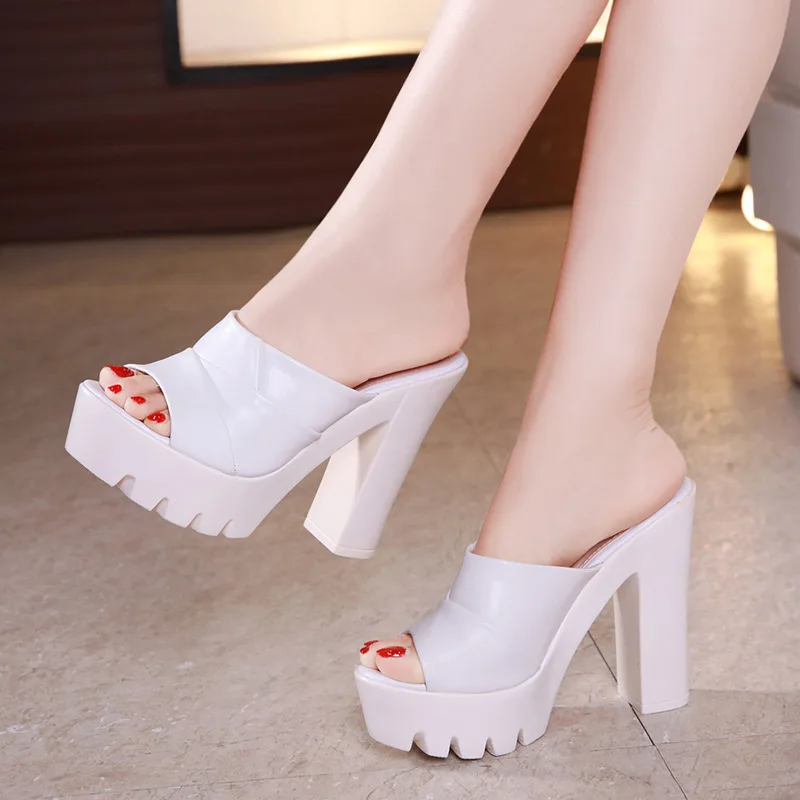 Plus Size 32-43 Patent Leather Shoes Summer Platform Slippers Women 2023 Red Block High Heels Slides for Wedding Office