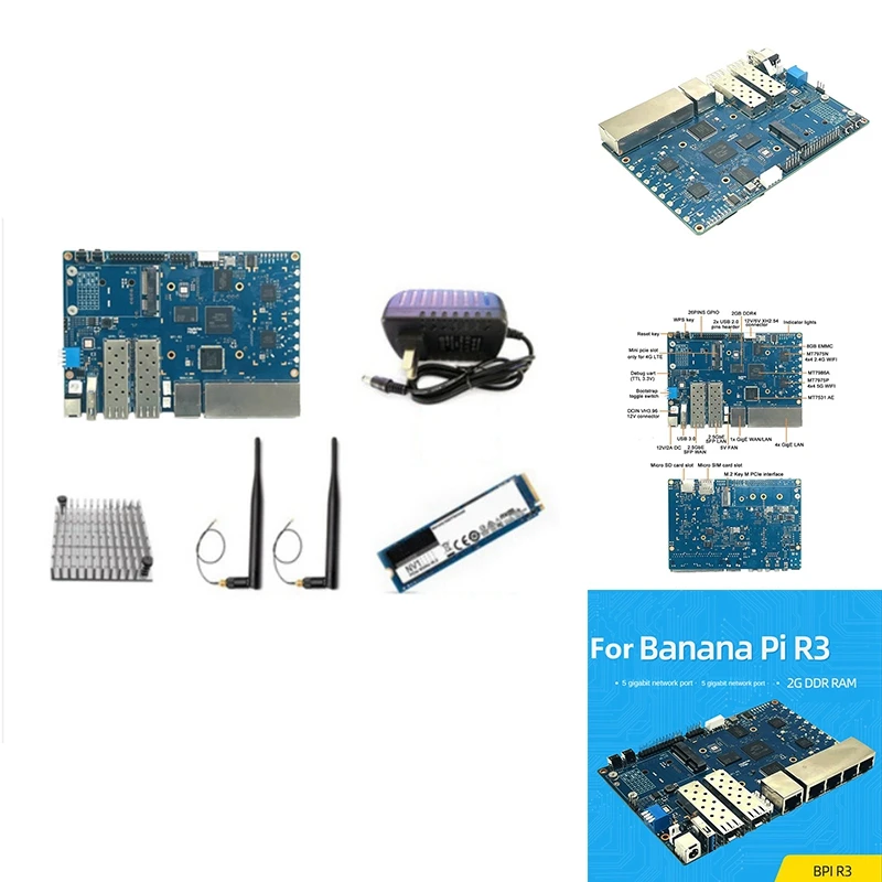 

Для бананов PI BPI-R3 MT7986 2 ГБ + 8 Гб EMMC 2XSFP роутер макетная плата с 256G SSD + теплоотвод + 2X антенны + Мощность