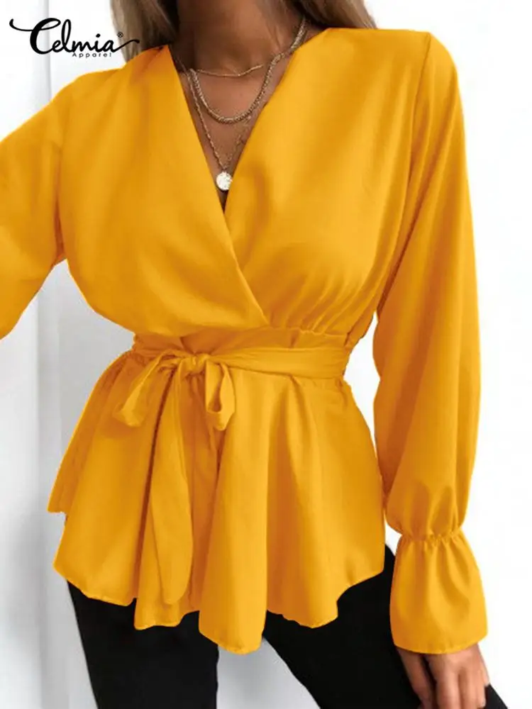 Женская Повседневная Блузка с длинным рукавом Celmia элегантная Однотонная рубашка