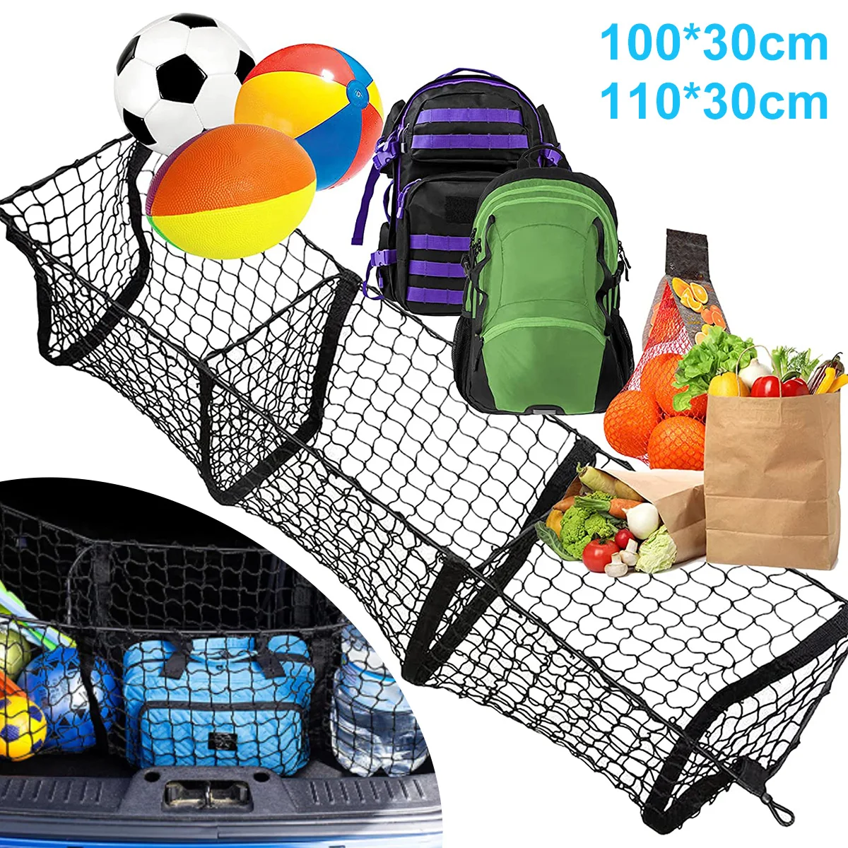 

Rear Cargo Net Heavy Duty Elastic Mesh Storage Organizer Large Capacity Stretchable Trunk Storage Net with Mounting Accessories