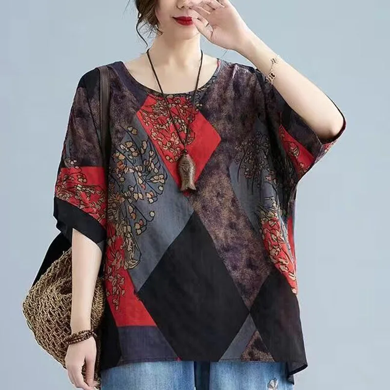 

Vintage Printed O-Neck Loose Asymmetrical Blouse Women's Clothing 2023 Summer New Casual Pullovers Tops All-match Commute Shirt