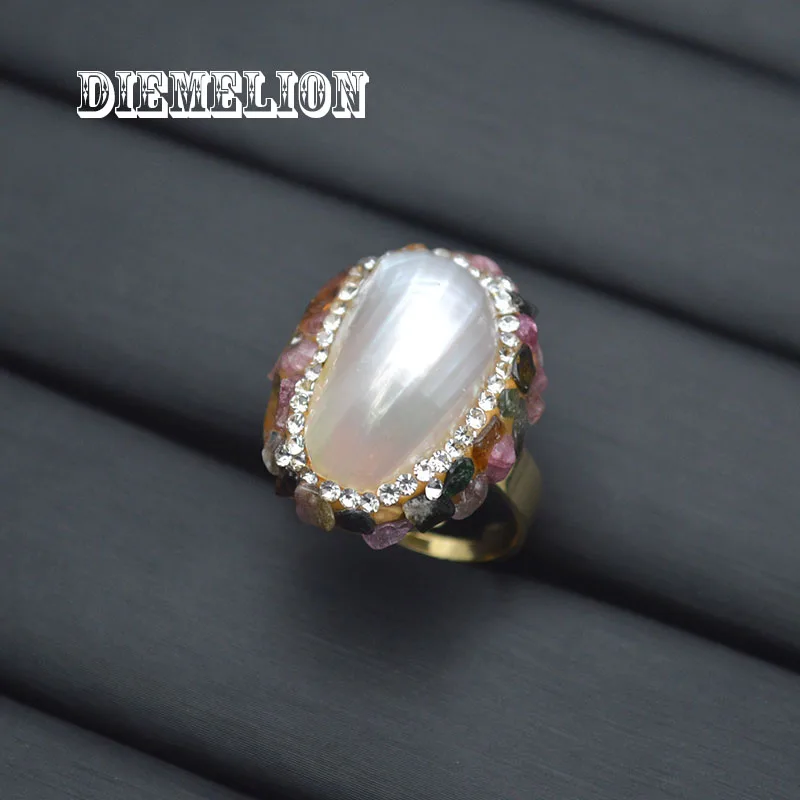 

Handmade Natural Pearl Shell Finger Rings Inlaid Colorful Tourmaline Oval Gold-plated Resizable Ring for Women Wedding Jewelry