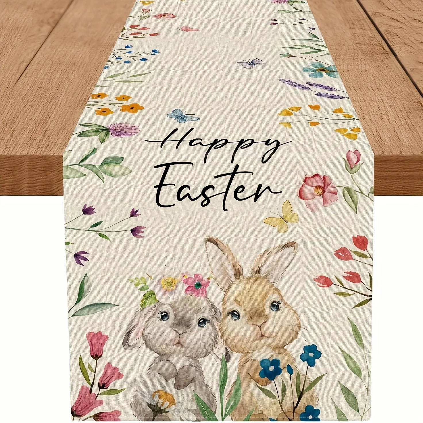 Льняная дорожка для стола с цветочным кроликом