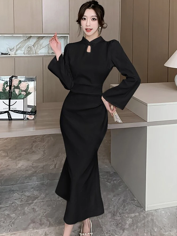 Женское жаккардовое платье с длинным рукавом в Корейском стиле