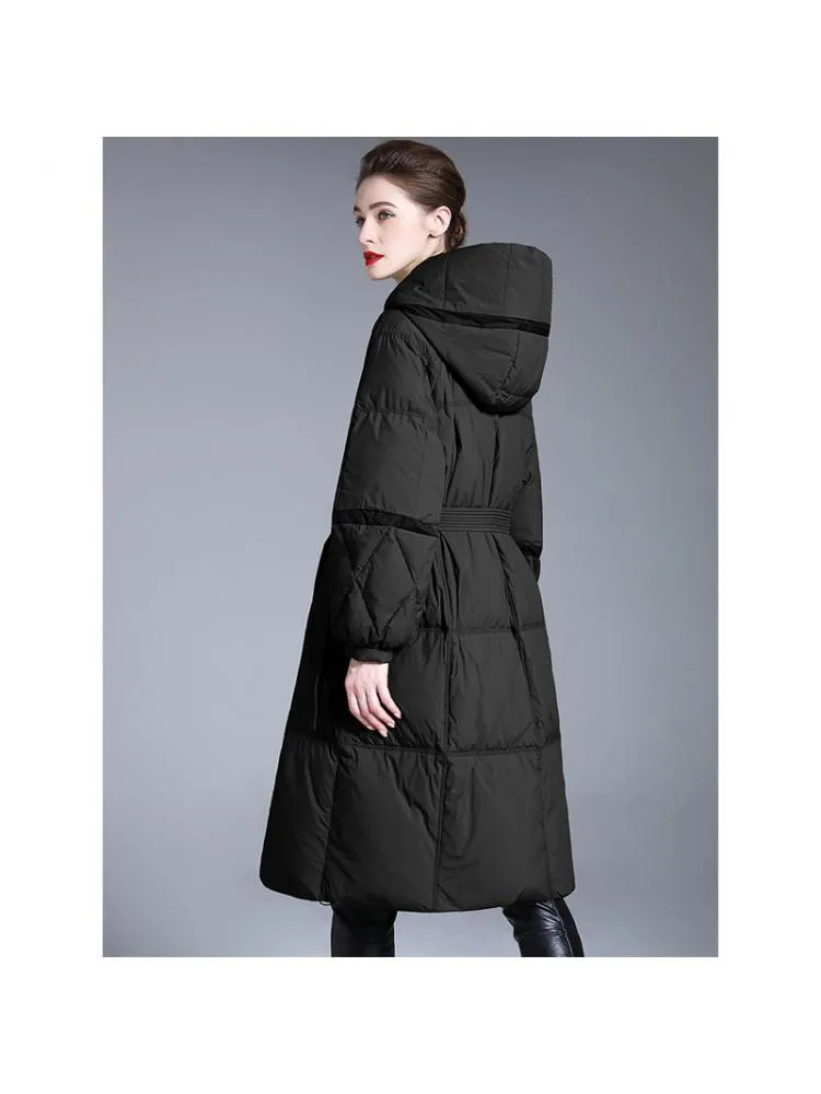 European 2022 Winter High End Long Hooded Thicked Loose Black 90 White Duck Down Coats Women Lace Up Bread Cloth Warmer Jackets