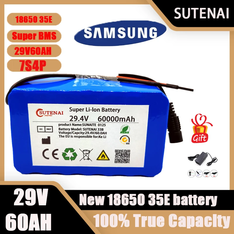 

24V 7S4P 29V 60Ah 18650 60000mAh Li-ion Rechargeable Battery Pack Electric Bike Motorcycle Scooter Battery Built-in 65A BMS