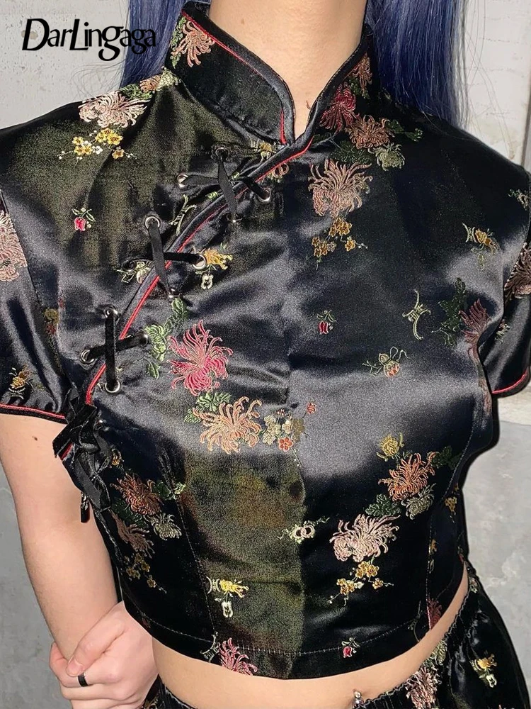 

Darlingaga Chinese Style Jacquard Elegant Short Sleeve T-shirt Women Vintage Fashion Summer Crop Top Lace Up Chic Shirt Clothes