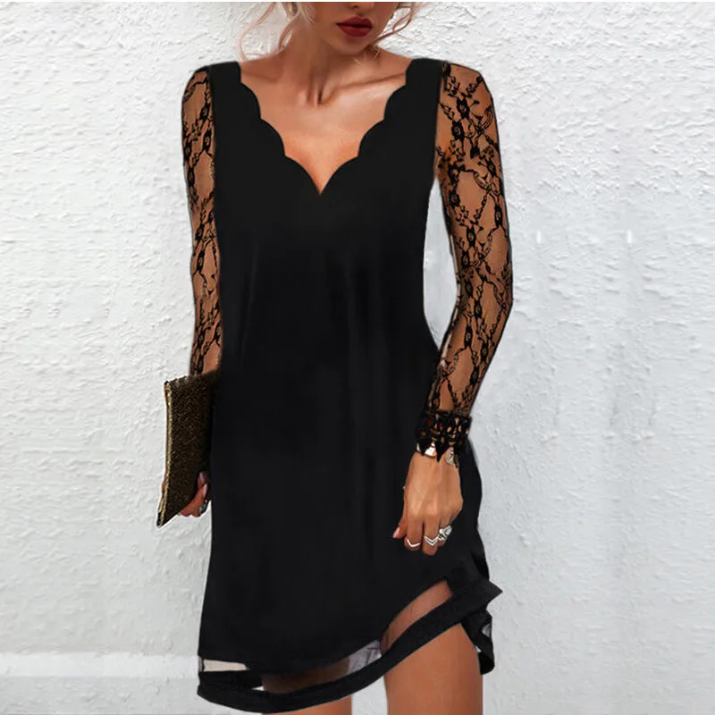 Купи Elegant Ladies Casual Dress V-neck Wave Lace Long Sleeve Hollow Chiffon Dress 2022 Fall Perspective Mesh Mini Dress за 319 рублей в магазине AliExpress