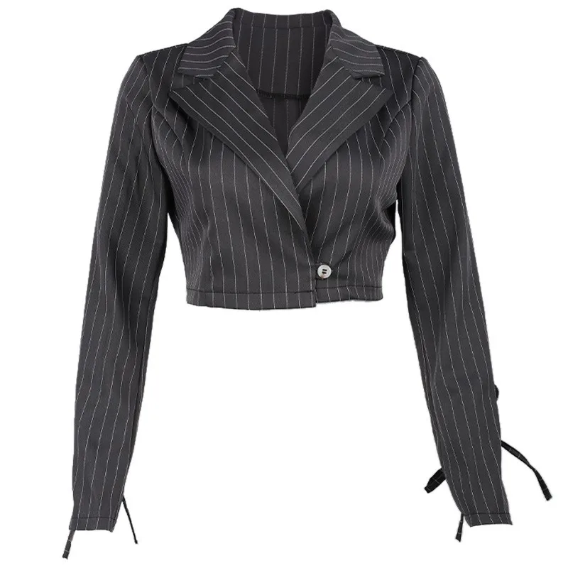 Y2k Grey Striped Short Blazer Suit with Arm Tie 2023 Women Summer Single Button Casual Office Blazer Lady Cool Sweet Short Suit