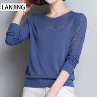 ice silk knitted sweater womens spring summer 2021 new korean thin short long sleeved top hollow round neck bottoming shirt