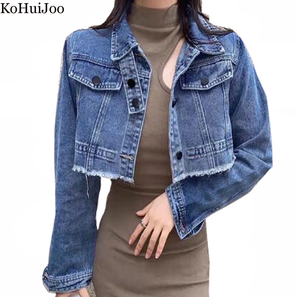 

Женская джинсовая куртка KoHuiJoo, короткая Весенняя уличная одежда 2022, облегающая верхняя одежда с длинным рукавом, винтажная джинсовая куртк...