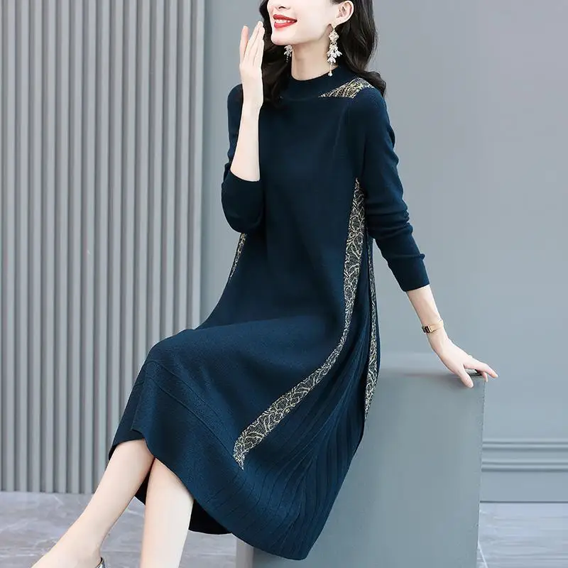 

Dress female 2022 high -end French retro tie knitted bottom fashion stitching warm medium long sweater pullover dress female