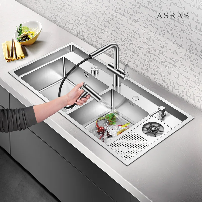 ASRAS-10050MD 304, Роскошный кухонный спринклер ручной работы для размораживания раковины с промывочным стаканом и вытяжным смесителем