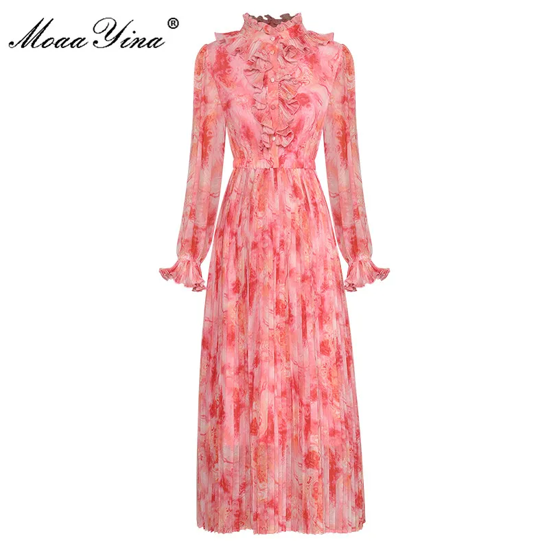 

MoaaYina Fashion Designer Summer dress Women's Dress Stand Collar Flared Long Sleeve Ruffled Printing Pleated Dresses