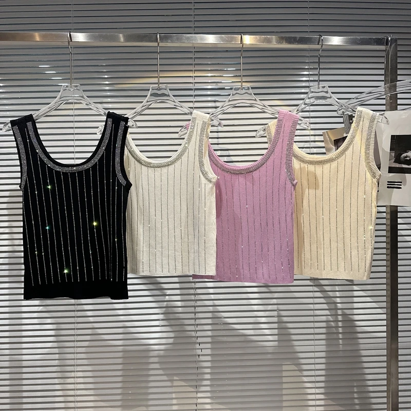 

Net Red 2023 New Summer Women Tanks Shiny Sparkling Vertical Hot Drilling Slimming Knitted Camisole Sleeveless Lady Vests Top