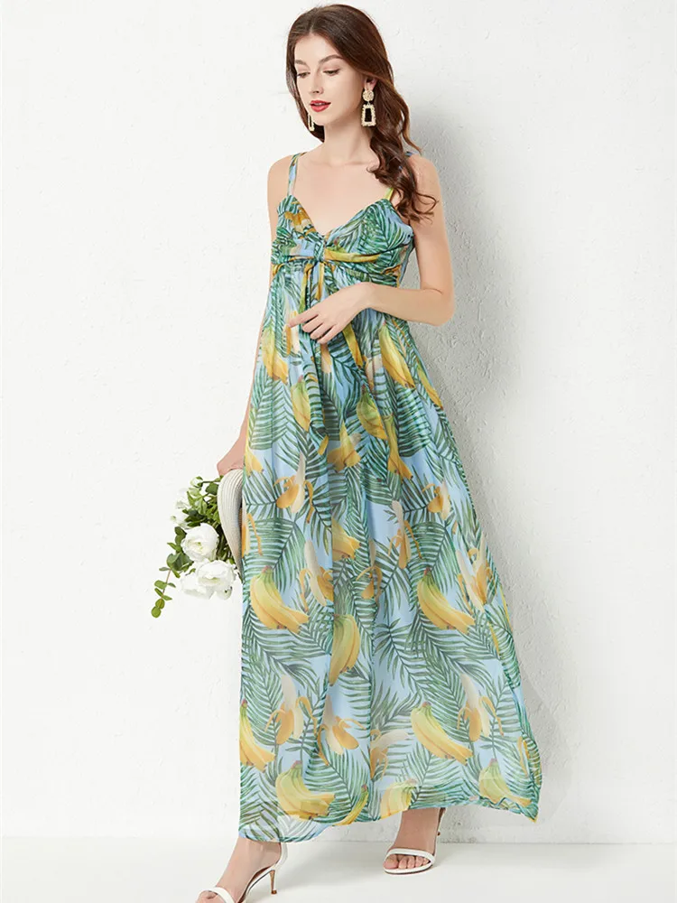 Женское пляжное шифоновое платье макси на бретелях-спагетти с V-образным вырезом