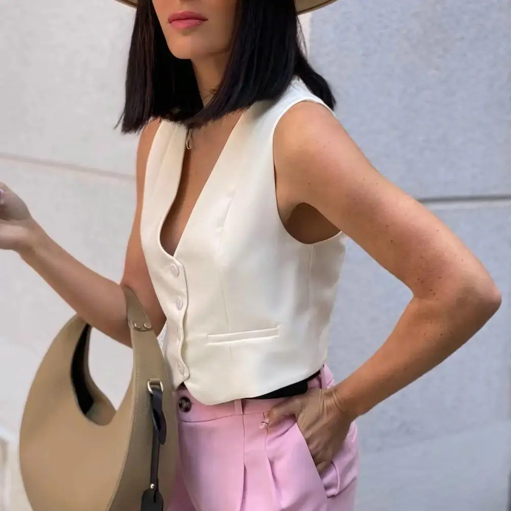 

Teen Girls Waistcoat Stylish Summer Women's V-neck Sleeveless Waistcoat Chic Single Breasted Vest with Small Pockets Slim Fit