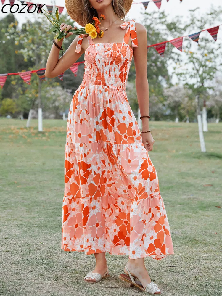 

Sexy Spaghetti Strap Ruffle Print Dress Women Casual Modis Dress Beach Loose Ladies Dresses