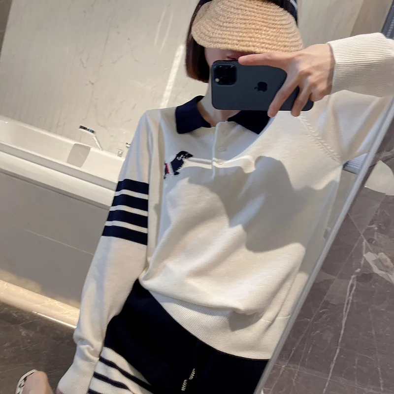 

Spring and Summer TB Four-bar Sweater Female Dachshund Jacquard Lapel Korean Version of Long-sleeved Pullover Sweater